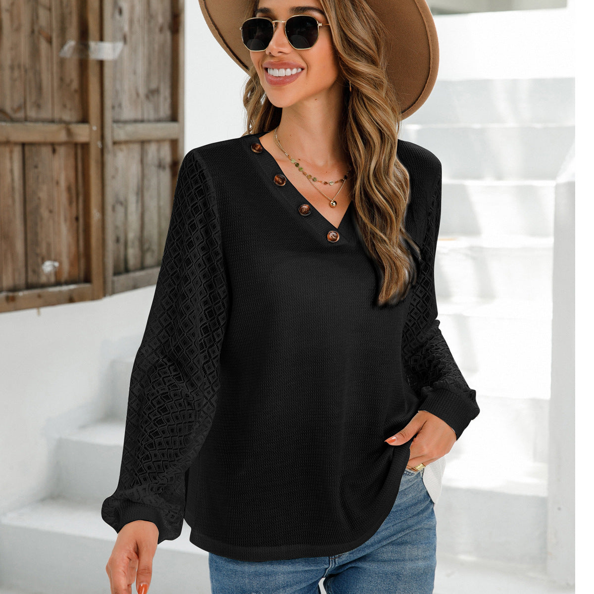 Autumn Winter Women Clothing V neck Long Sleeve Button T shirt Lace Top