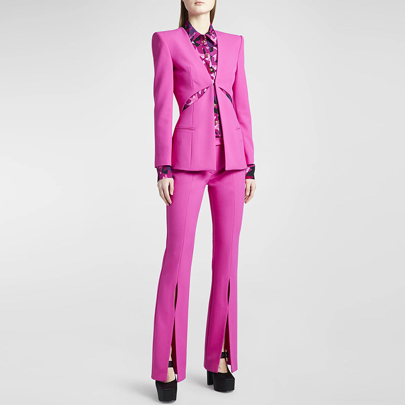 Dignified Hollow Out Cutout Collarless Blazer Slim Fit Slit Trousers Set