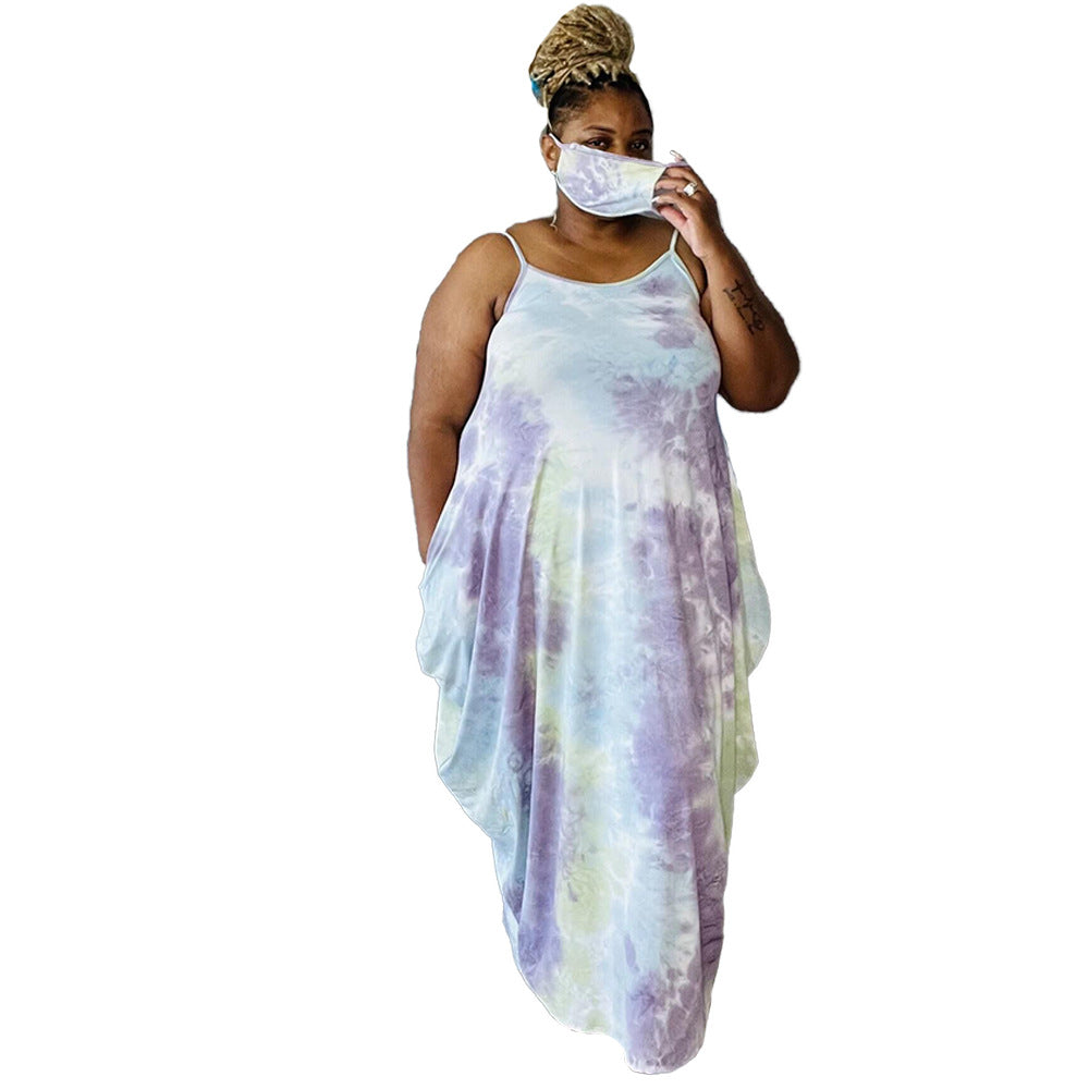 Plus Size Sundress Women Clothes Popular Tie-Dye Printed Loose Strap Ladies Irregular Asymmetric Dress