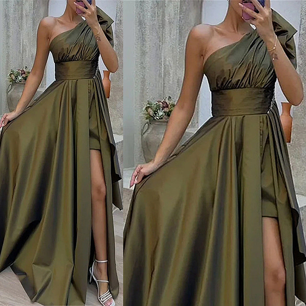 Spring Summer Women Clothing Diagonal Collar Strapless High Waist Irregular Asymmetric Dress Dress for Women