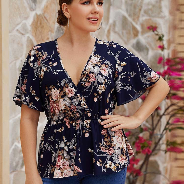 Plus Size Women Clothing Deep V Plunge Sexy Casual Top Women Clothing Top Printed Women