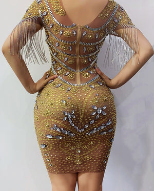 Female Song Catwalk Rhinestone Fringed Mesh Stretch Dress