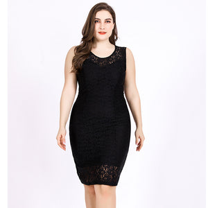 Plus Size Women Lace Dress Summer Sleeveless Crochet Hollow Out Cutout Sexy Office Pencil Dress