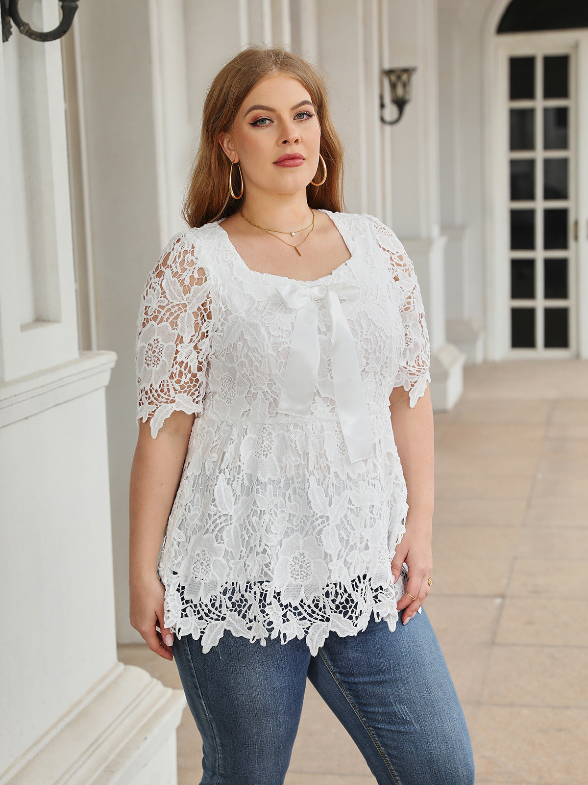 Plus Size Women Clothing Solid Color Square Collar Lace Lace Collared Blouse