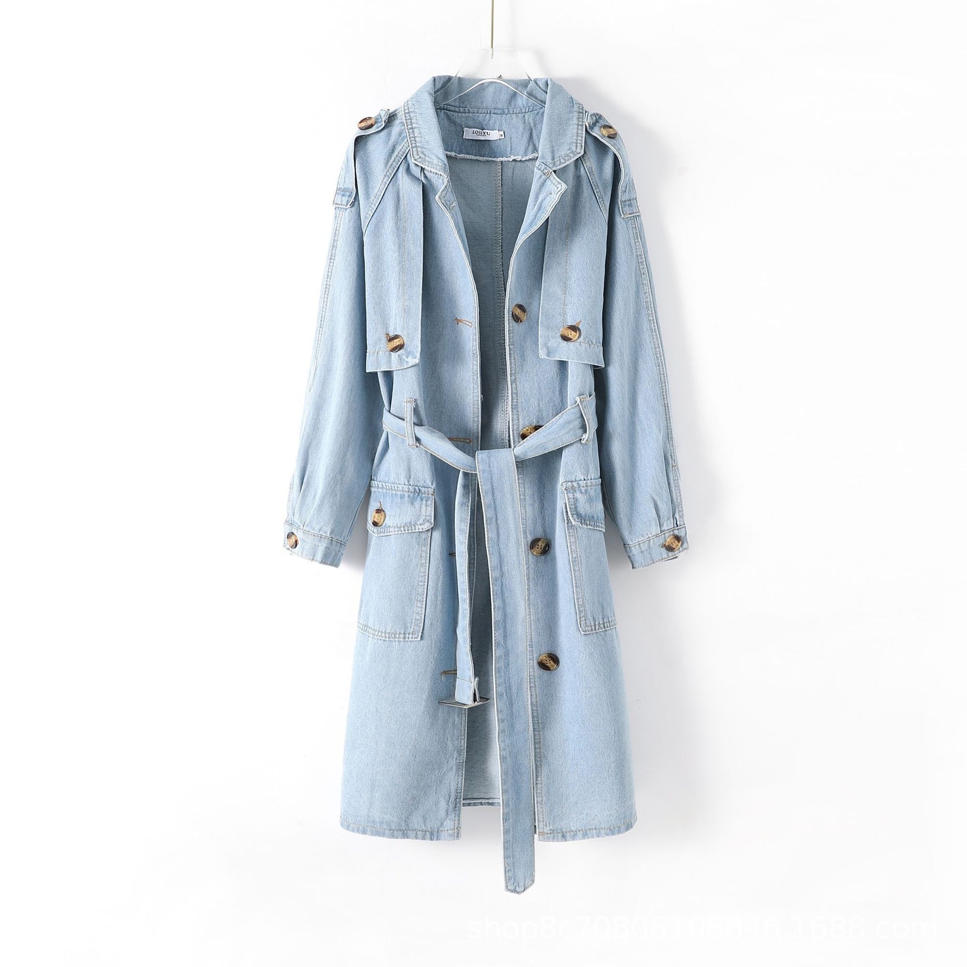 Women Clothing Belt Long Denim Trench Coat