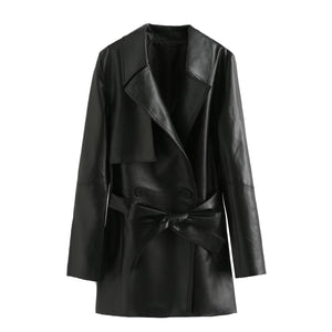 Summer Women Faux Leather Long Sleeve Collared Wind Breaker Coat