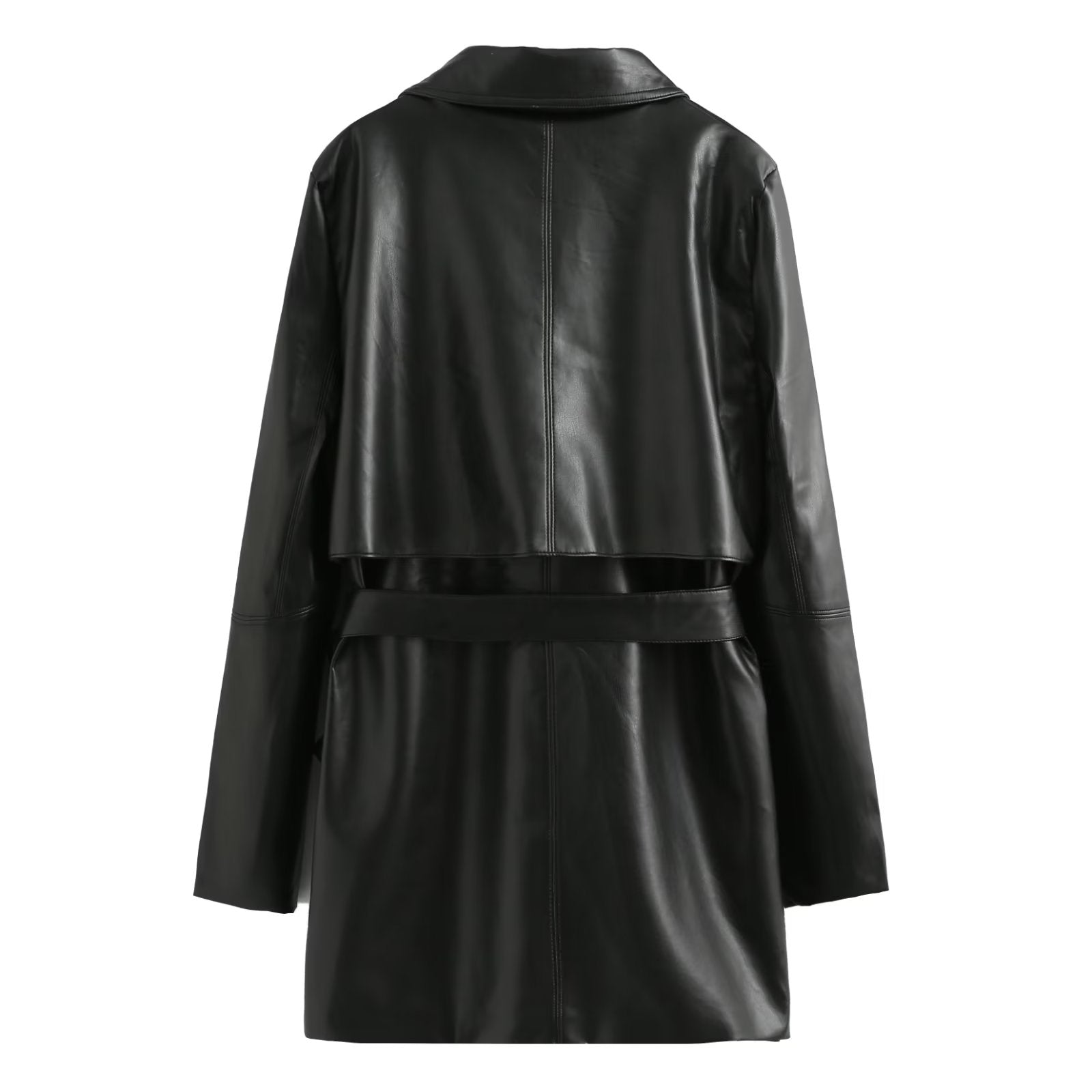 Summer Women Faux Leather Long Sleeve Collared Wind Breaker Coat