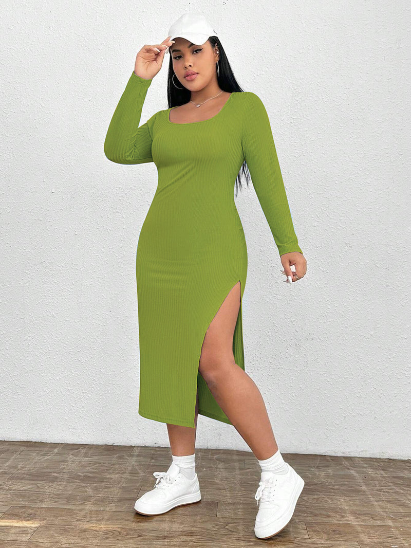 plus Size Women Clothes Autumn Winter Slim Hip Split Square Collar Knitted Long Sleeved Dress