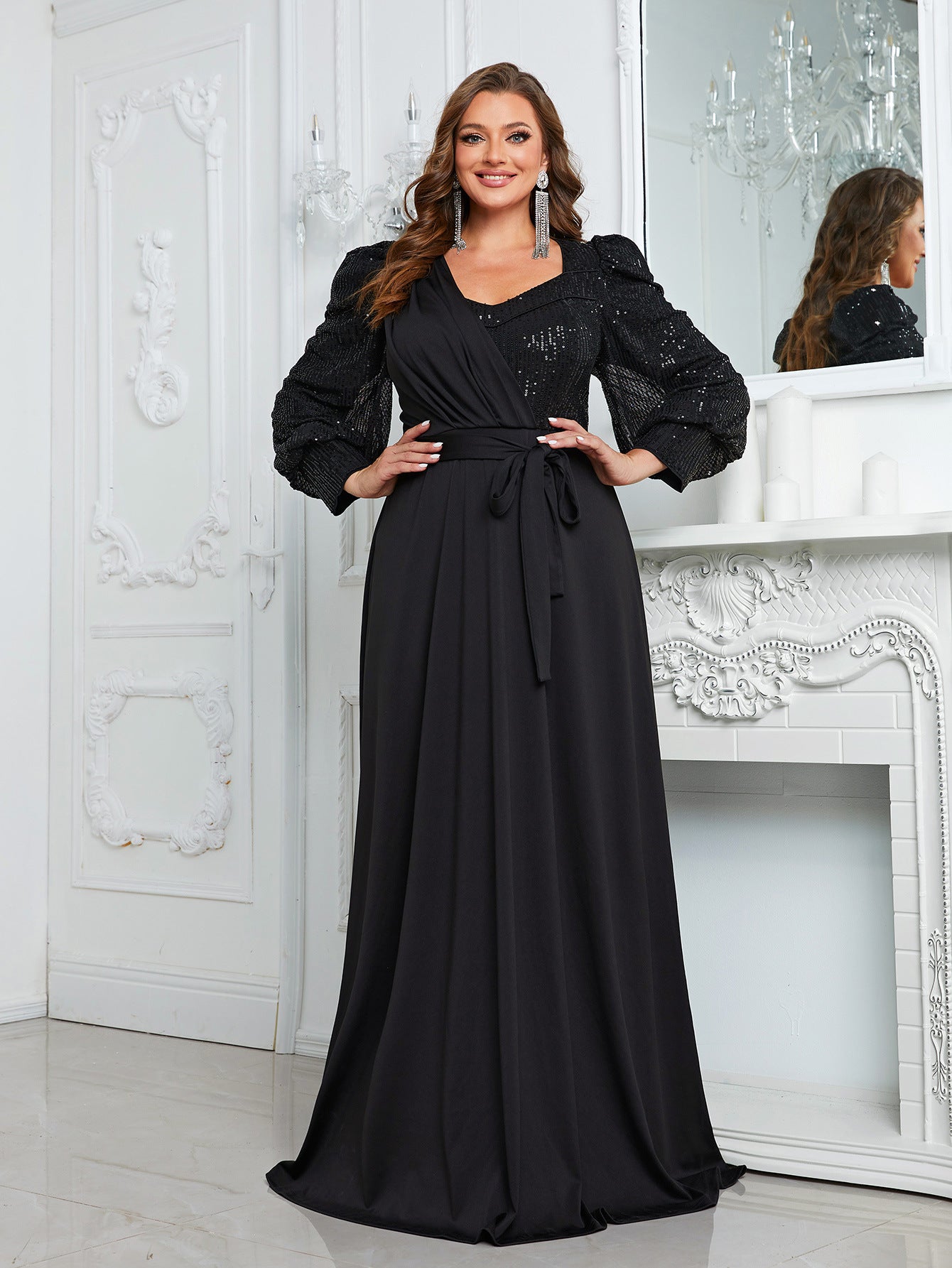 Plus Size Dinner Formal Dress Knickerbockers Long Sleeve Party Dress Elegant Sequined Maxi Dress