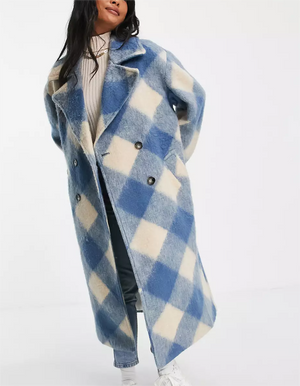 Women Clothing Collared Double Row Ornament Loose Blue Plaid Coat Coat