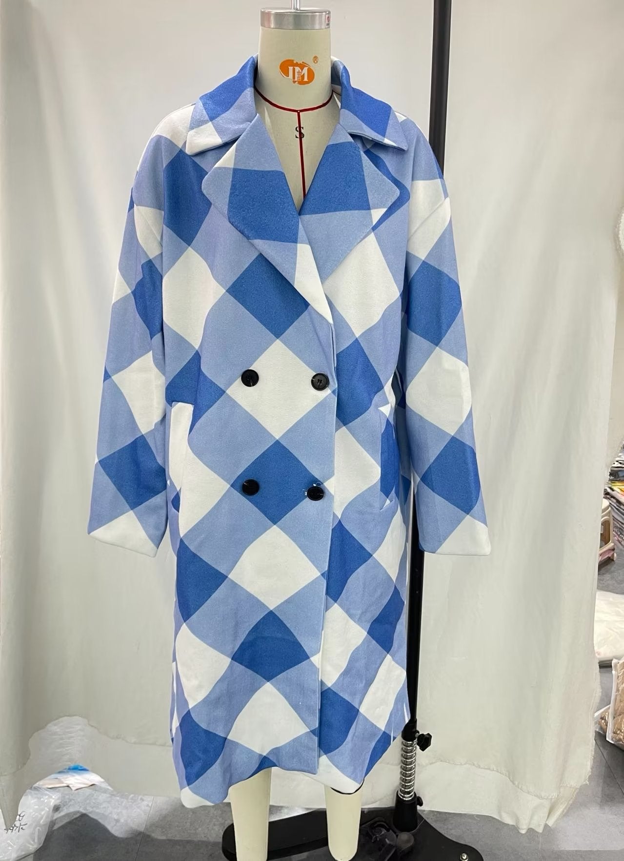 Women Clothing Collared Double Row Ornament Loose Blue Plaid Coat Coat