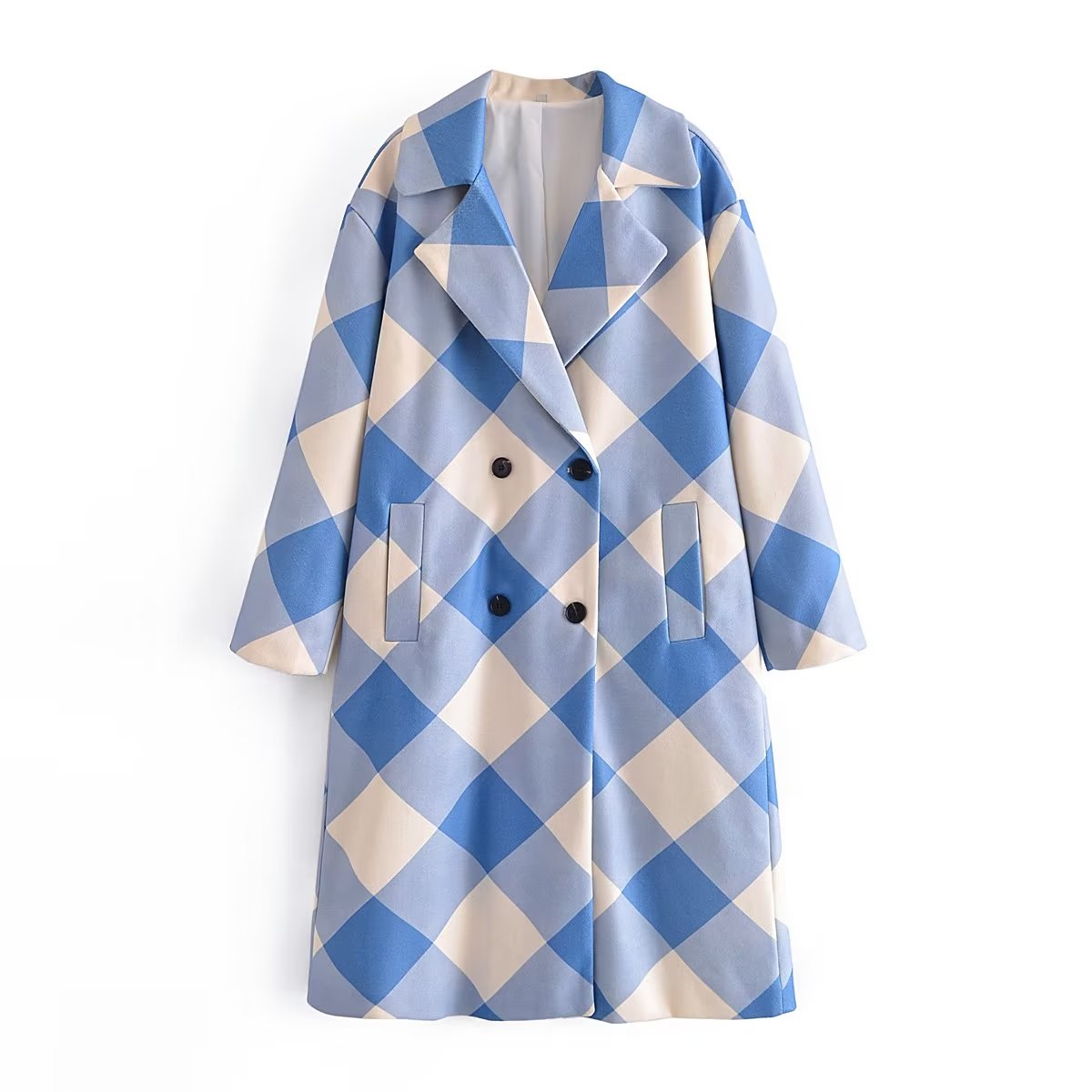 Women Clothing Collared Double Row Ornament Loose Blue Plaid Coat Coat