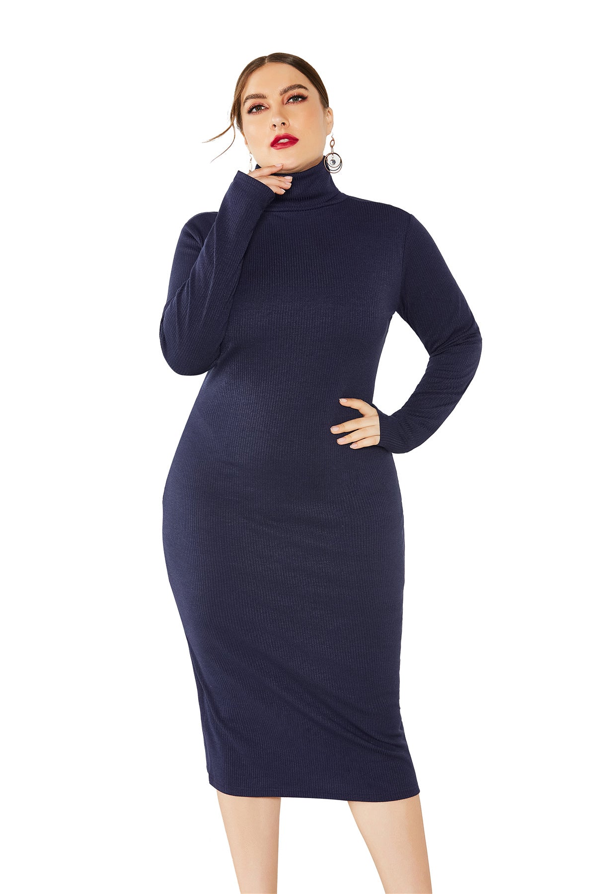 Autumn Winter Women Solid Color Base Long Sleeve Stretch Slim Turtleneck Sweaters Dress