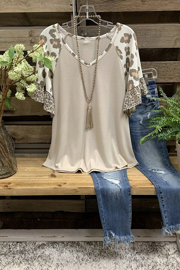 Ladies Top Ruffled Leopard Print Short Sleeve Stitching T Shirt