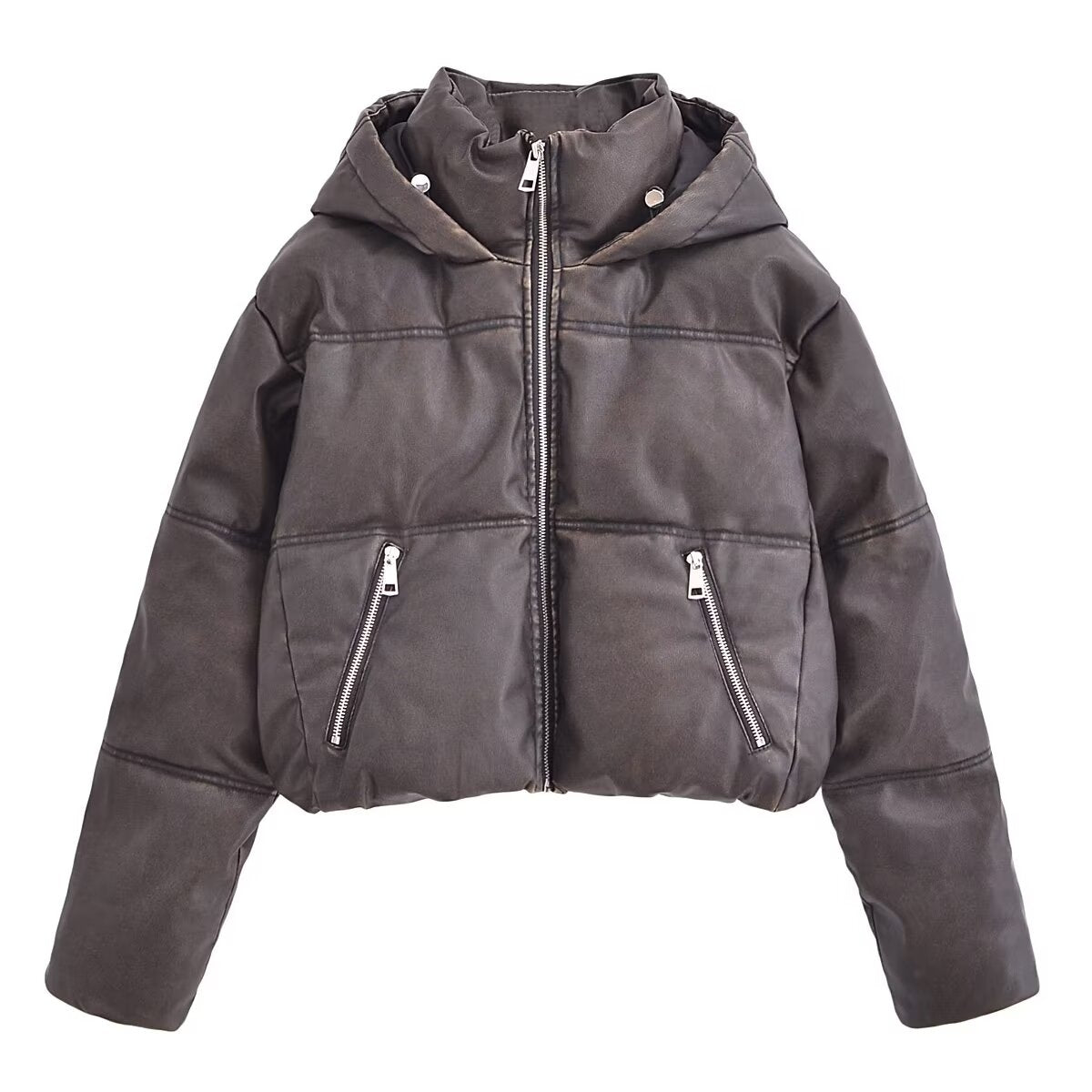 Autumn Winter Women Loose Distressed Thickened Faux Leather Hooded Jacket Short Cotton Jacket