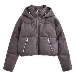 Autumn Winter Women Loose Distressed Thickened Faux Leather Hooded Jacket Short Cotton Jacket