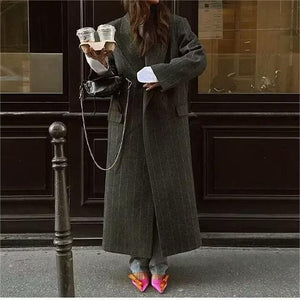 Spring Women Street Fashionable Knitted Striped Woolen Coat