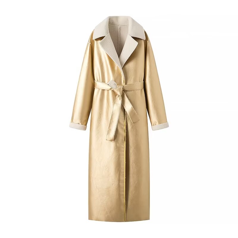 Women Clothing Metal Sequ Fur One Loose Long Belt Overcoat Coat