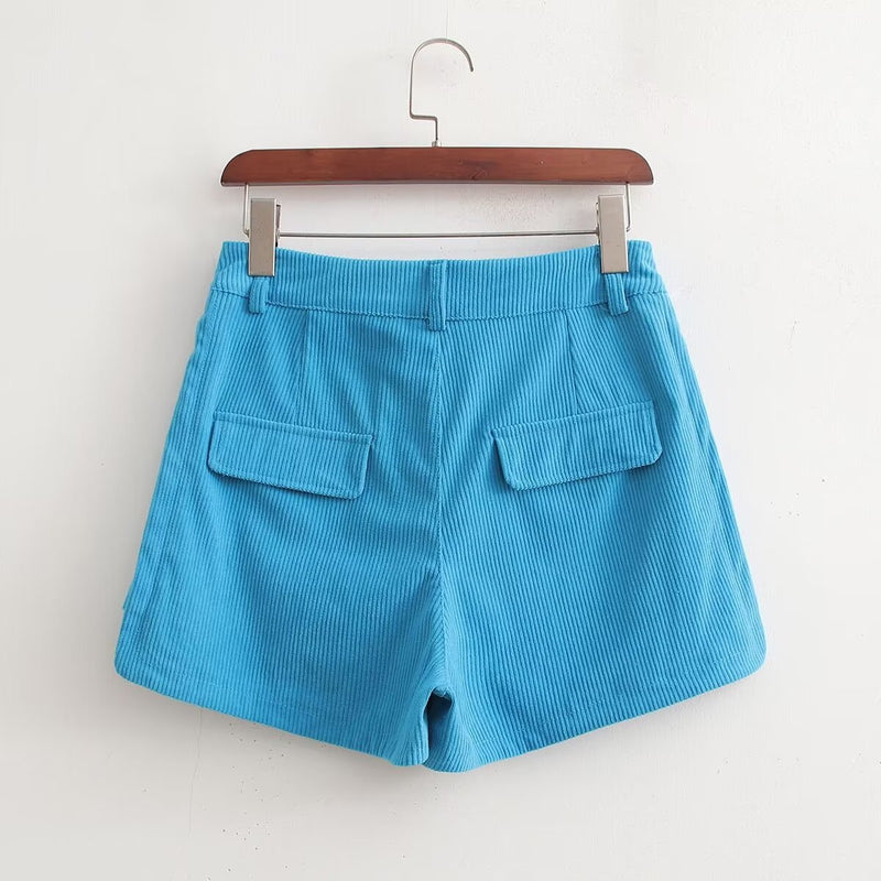 Women Clothing Autumn Winter All Match Double Pocket Casual Cargo Corduroy Shorts
