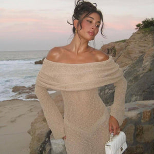 Beach Vacation Sexy Dress Knitted Hollow Out Cutout Out Off Neck Maxi Dress Blouse Summer Women's