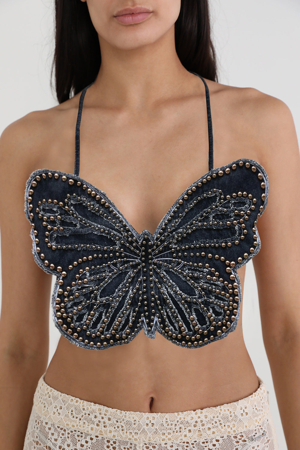 Top Denim Sling Heavy-Duty Beaded Women Summer Backless Strap Halter Butterfly Design Top