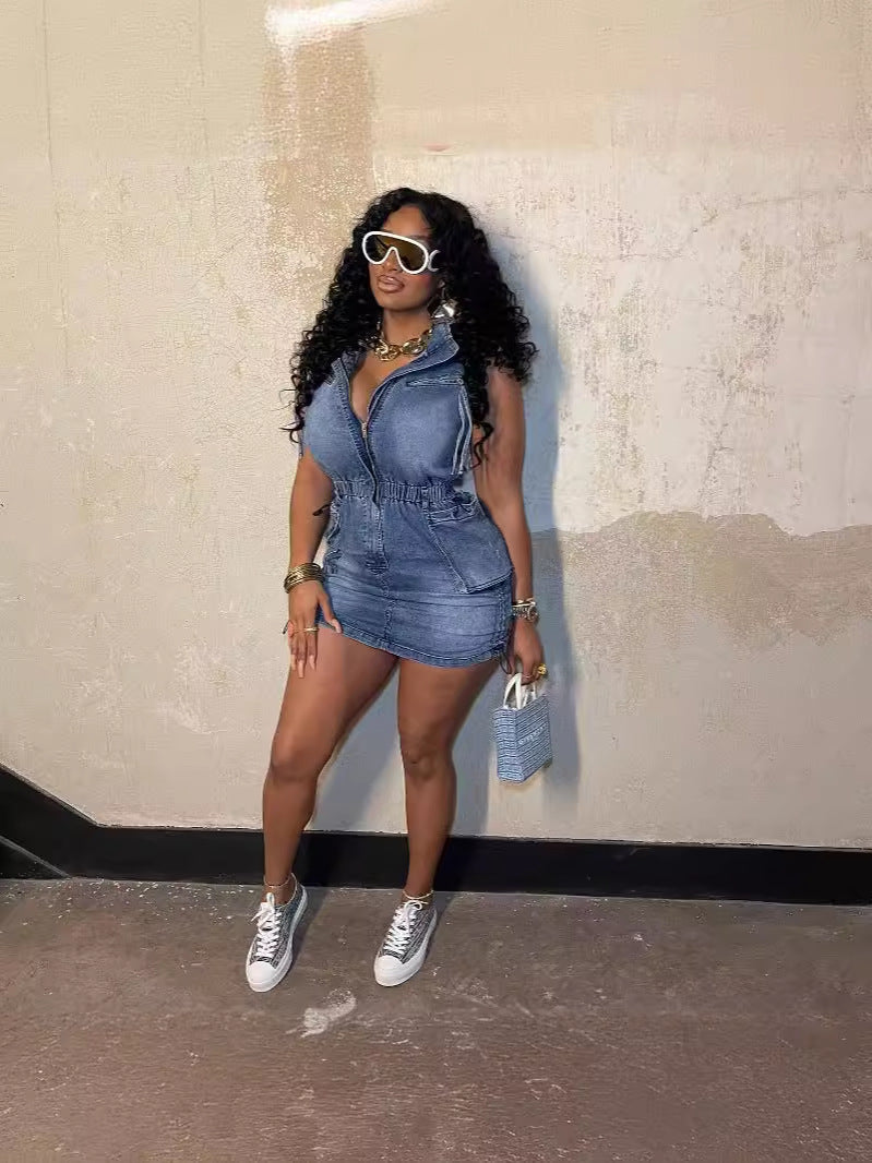 Spring Summer Short Sleeve Elastic Waist Drawstring Sexy Sheath Elastic Denim