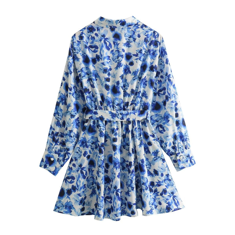 Spring Street with Belt Floral Print Casual Loose Short Dress