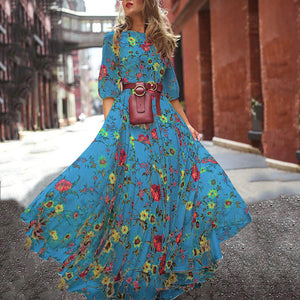 Spring Autumn Dress Printed Large Swing Elegant Chiffon Floral Slim Fitting Dress