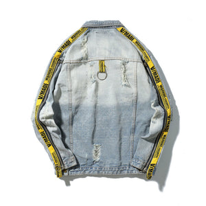 Broken hole retro hip hop denim jacket loose stitching ribbon casual men and women tide brand jacket