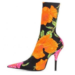 Colourful, Pointy Toe, Elastic, High Heels and Stiletto Boot with attached Short Socks