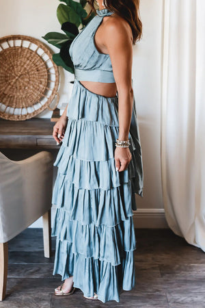 Solid Color Patchwork Long Cake High Waist Dress
