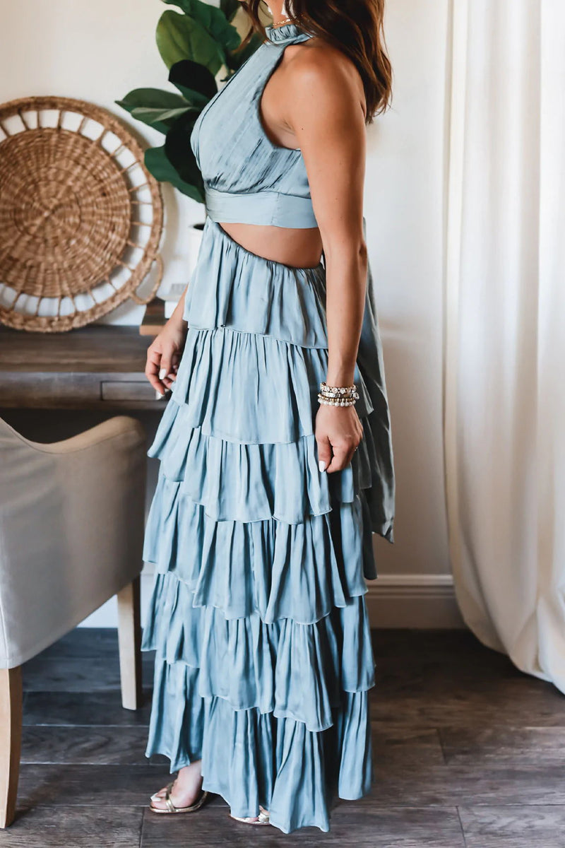 Solid Color Patchwork Long Cake High Waist Dress