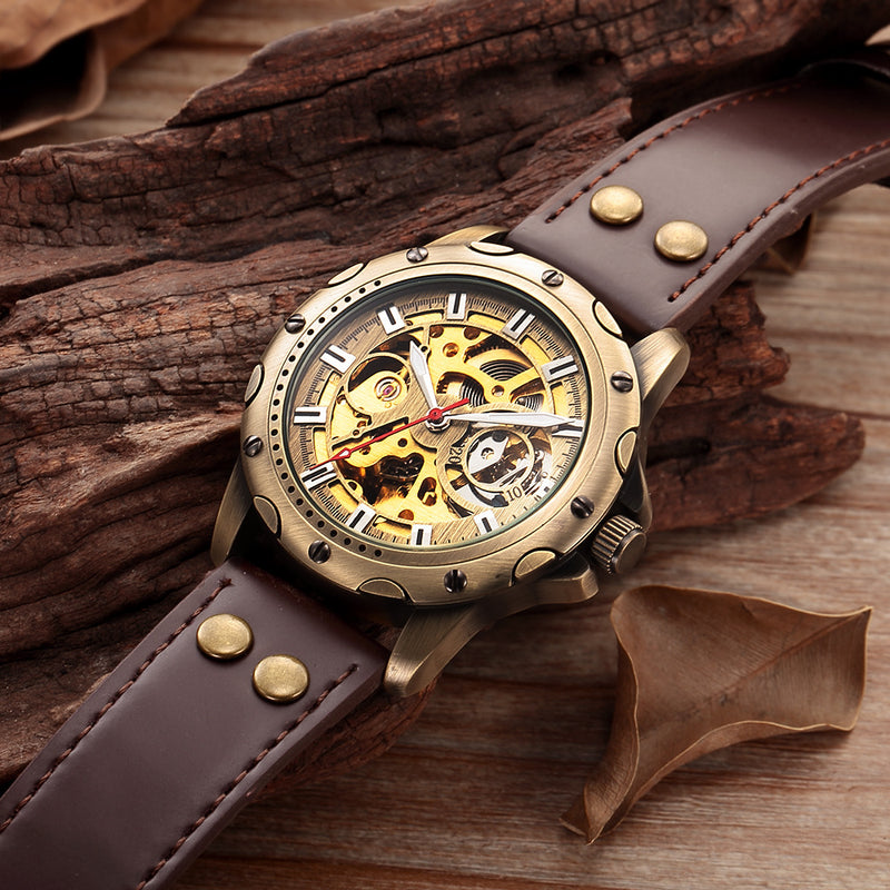 Mens Skeleton Steampunk Automatic Mechanical Leather Wristwatch