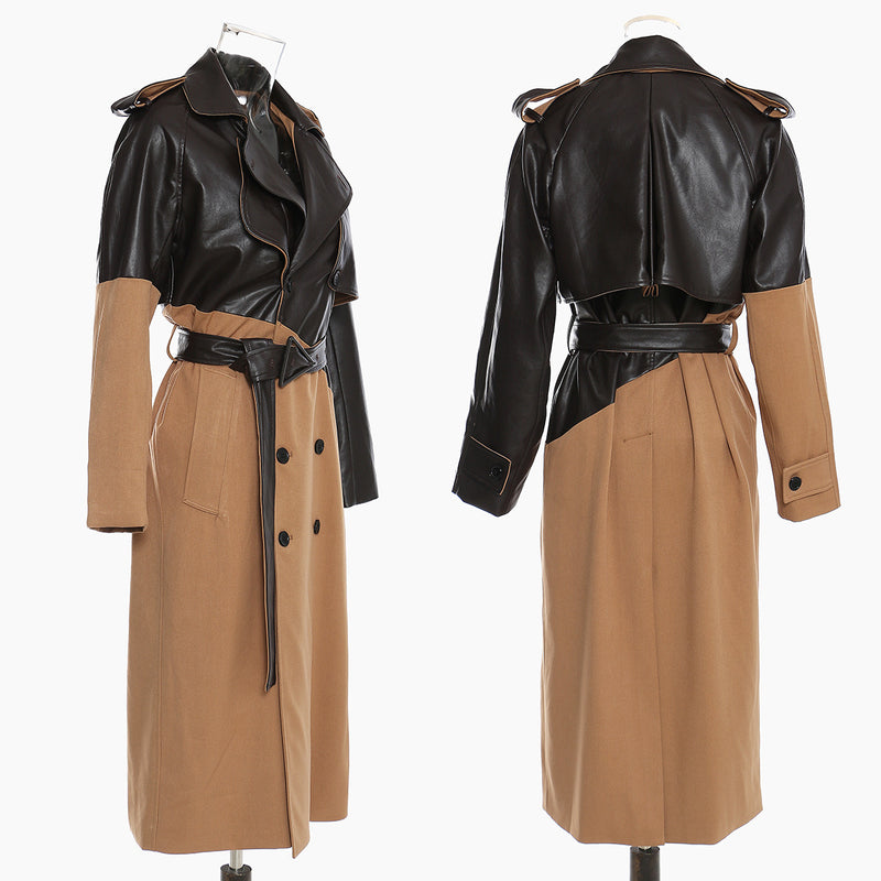 Stitching Leather Wind Coat Women Mid Length Overknee Lace up Waist Khaki Color Matching