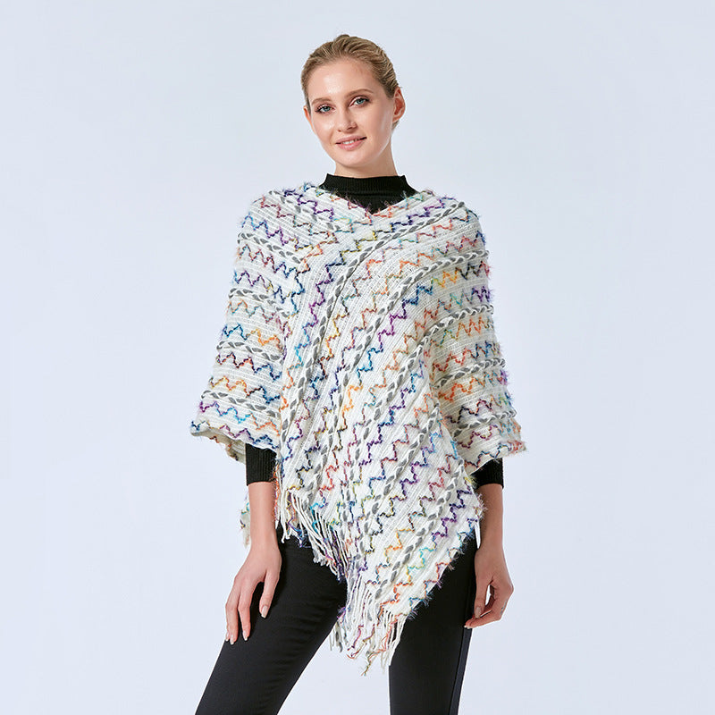 Idle Style V-neck Tassel Rainbow Cape Sweater For Women