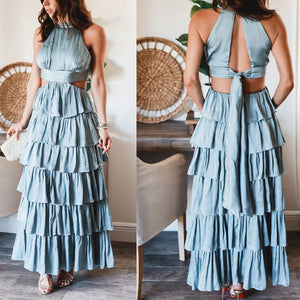 Solid Color Patchwork Long Cake High Waist Dress