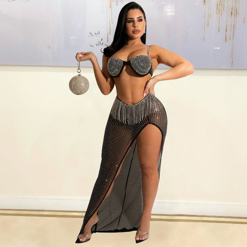 Women's Mesh Rhinestone Tassel Dress