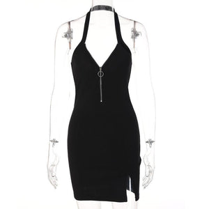 V-neck Zipper Halter Backless Split Dress