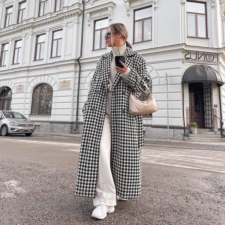 Houndstooth Long Trench Coat High-end Coat