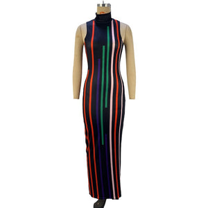 Sunken Stripe Turtleneck Sleeveless Waist-tight Sheath Slim-fit Dress