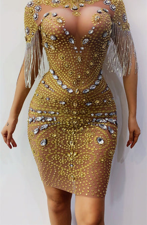 Female Song Catwalk Rhinestone Fringed Mesh Stretch Dress