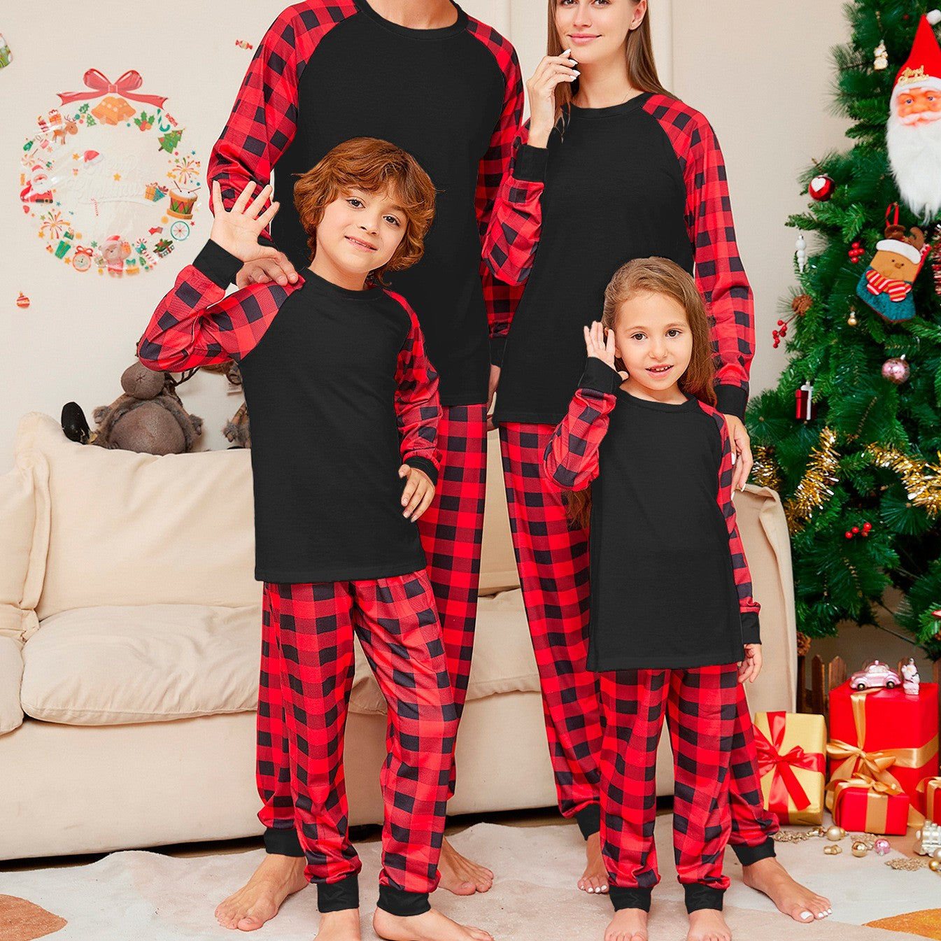 Plaid Printed Parent-child Pyjamas Suit