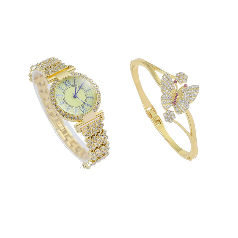 Full Diamond Women's Luxury Elegant Gold Watch and Bracelet