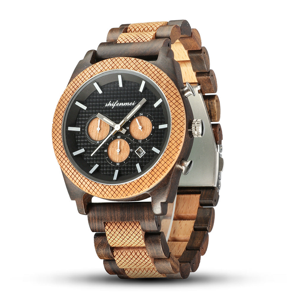 Men's Chronograph Calendar Sports Wood Casual Wristwatch