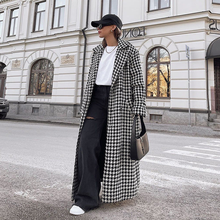 Houndstooth Long Trench Coat High-end Coat