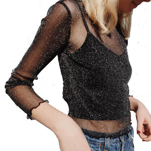 Sexy Sheer Mesh T shirt Women Long-Sleeved Bright Silk Bottoming Shirt Top