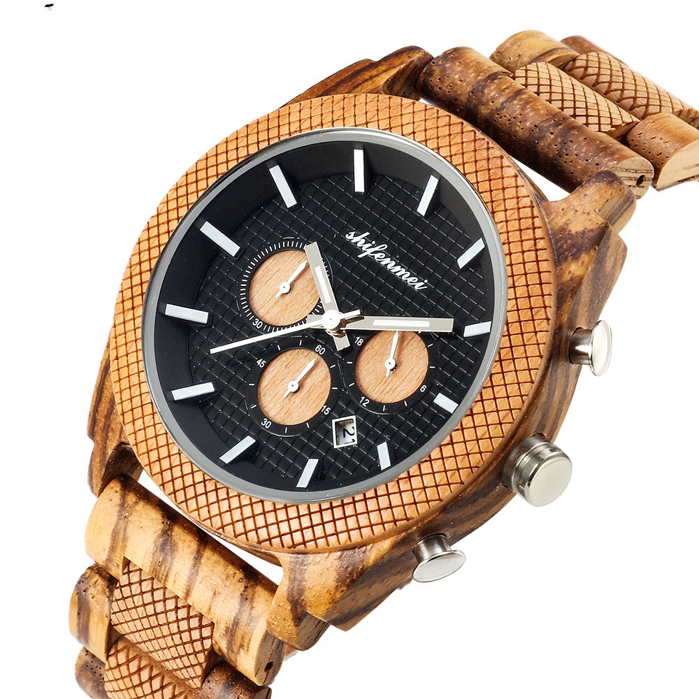 Men's Chronograph Calendar Sports Wood Casual Wristwatch