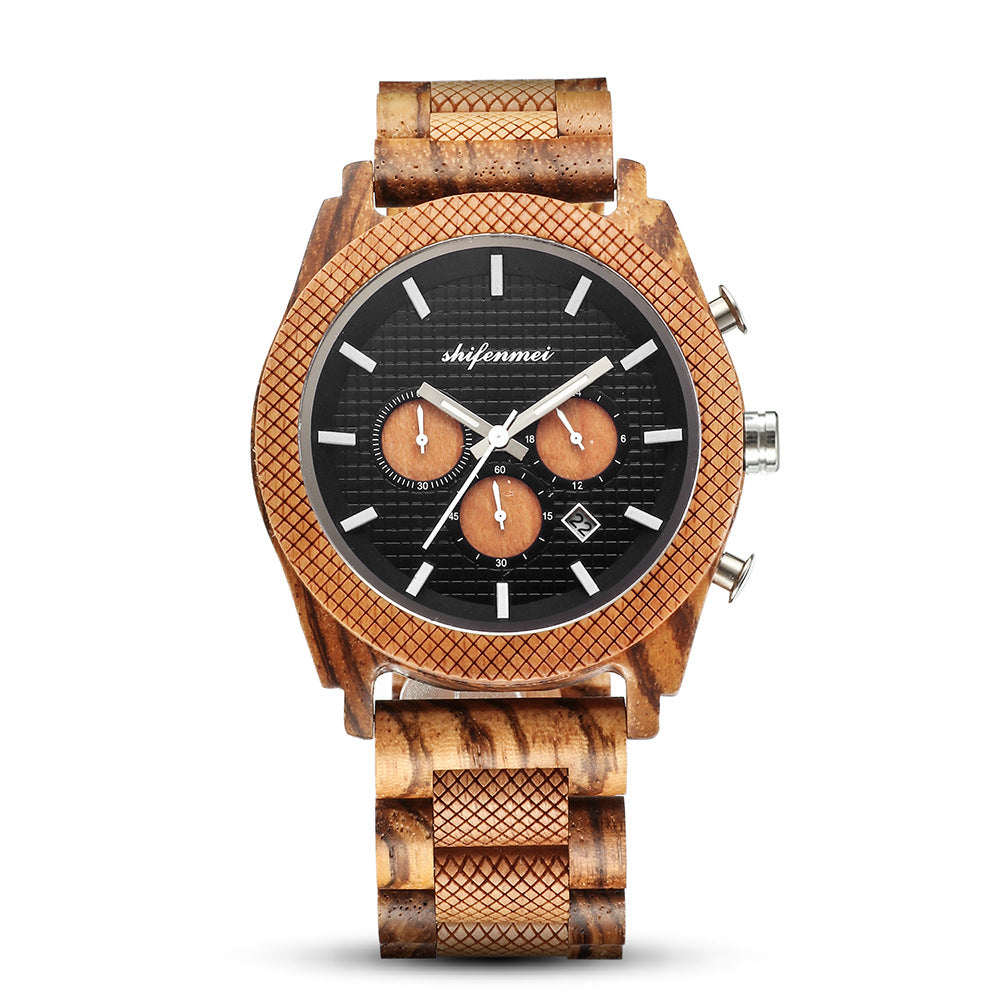 Men's Chronograph Calendar Sports Wood Casual Wristwatch