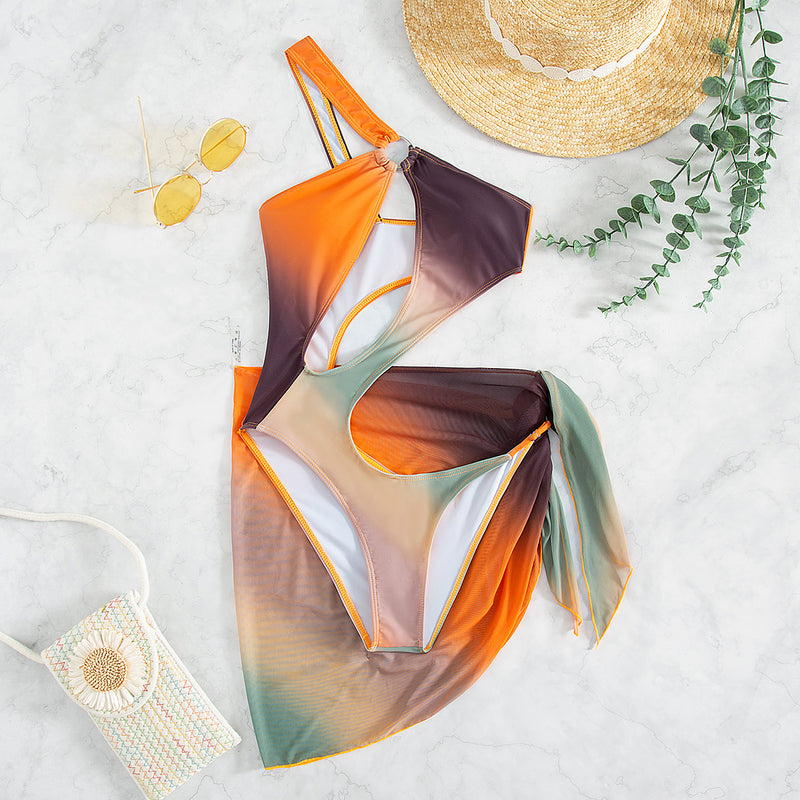 One-Piece Swimsuit Women Two-Piece Set Sexy Hollow Out Cutout Printing One-Piece Swimsuit