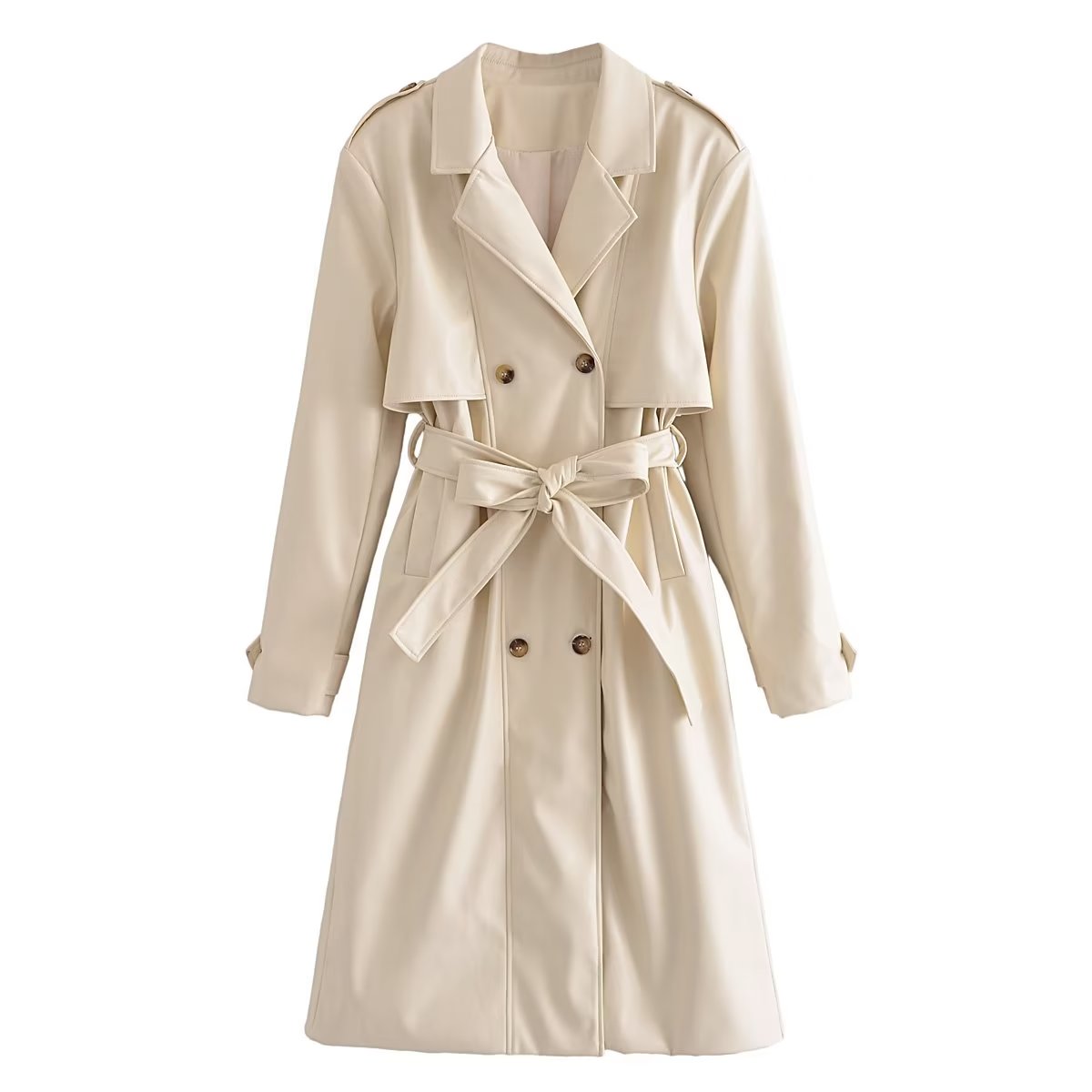 Spring Autumn Casual Women Blazer Collar Button Decoration Faux Leather Belt Trench Coat